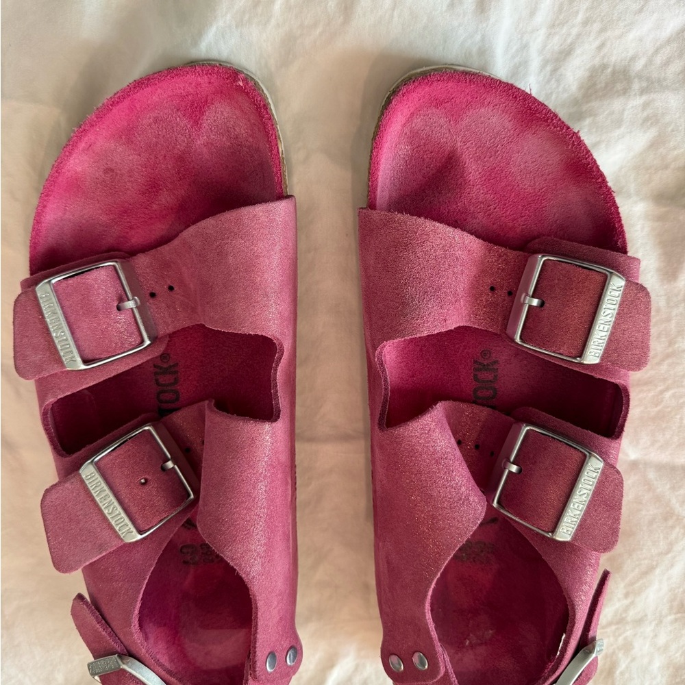 Birkenstock Woman’s Fuchsia Double-Strap Sandals $30